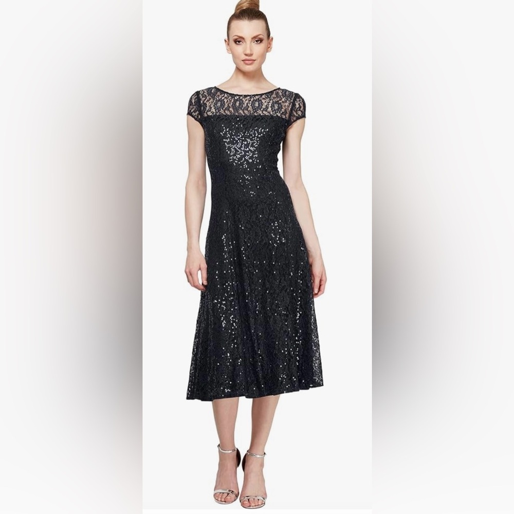 NWT SLNY Lace Sequins Midi Black Dress Size 2